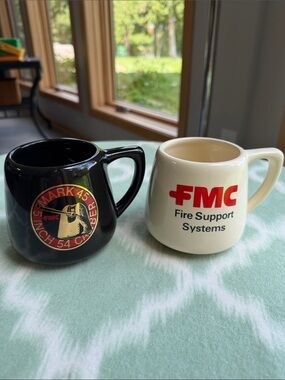 Vintage FMC Military Defense Cream and Black Coffee Mugs made in USA